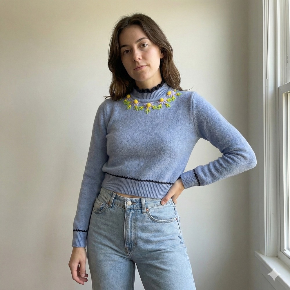 Zara Light Blue Cropped Turtleneck Sweater with Yellow Floral Embroidery